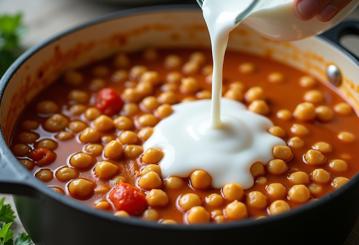 Coconut milk added to chickpeas and tomatoes for a plat végétalien recipe.