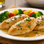Poitrine de poulet juteuse en sauce, présentée avec des légumes, parfaite pour un repas simple.