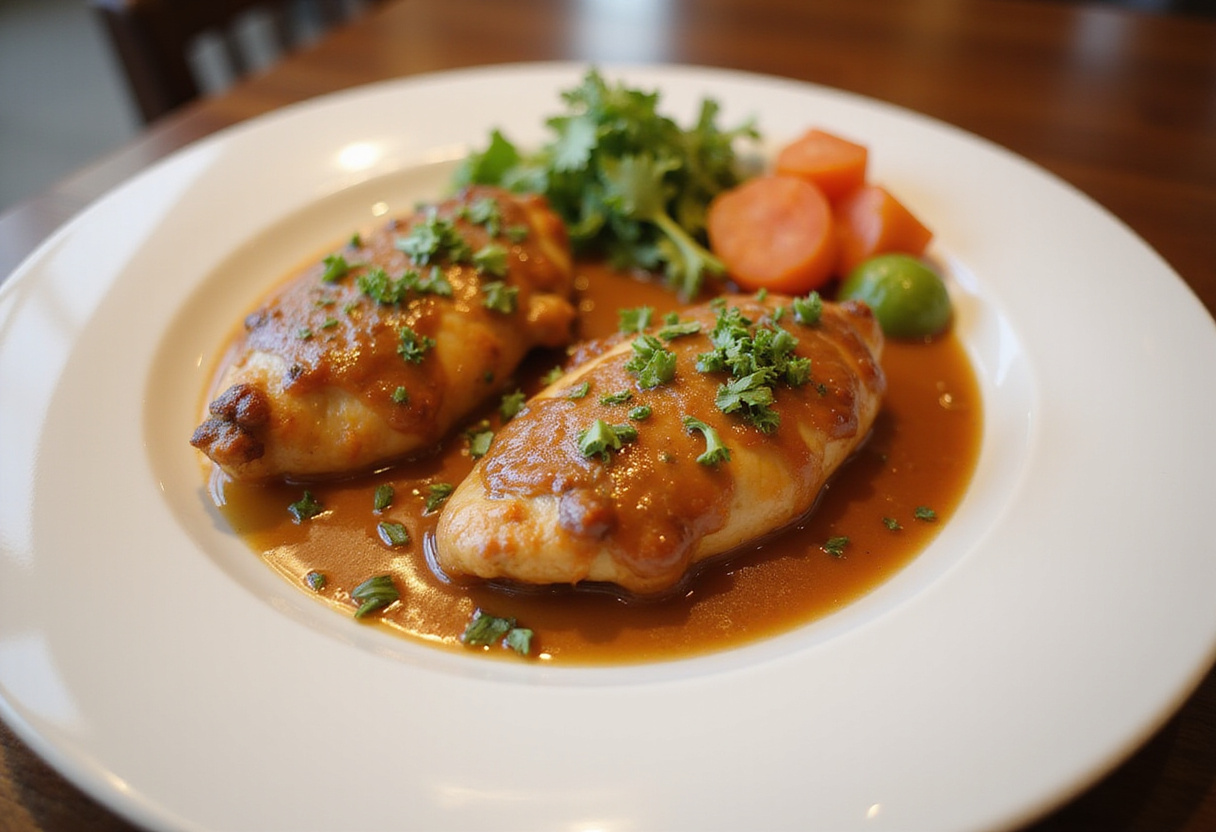 Poitrine de poulet juteuse en sauce, présentée avec des légumes, parfaite pour un repas simple.