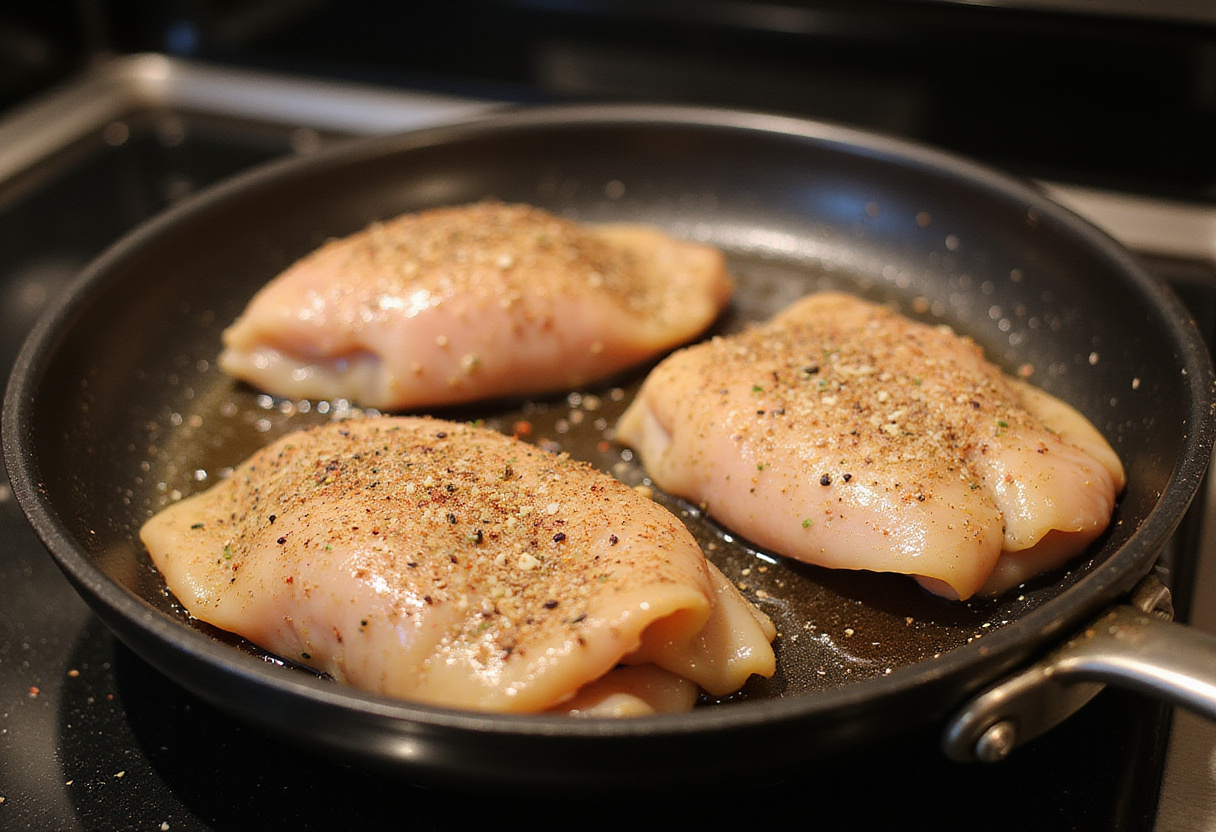 Poitrine de poulet assaisonnée dans une poêle pour la recette poitrine de poulet juteuse.