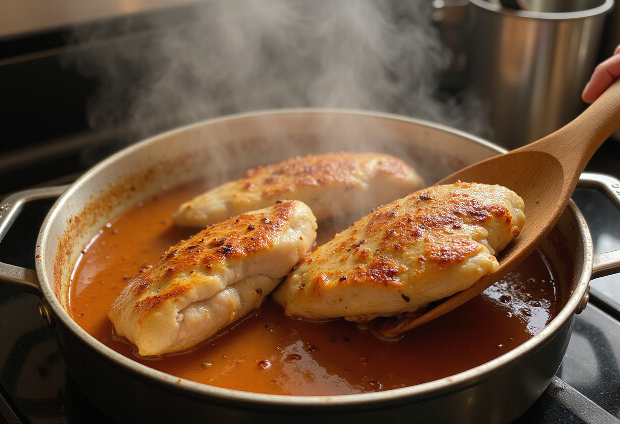Poitrine de poulet juteuse ajoutée à la sauce pour une recette de poulet juteux.