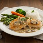 Plat de poitrine de poulet aux champignons en sauce délicatement garni, prêt à être savouré.