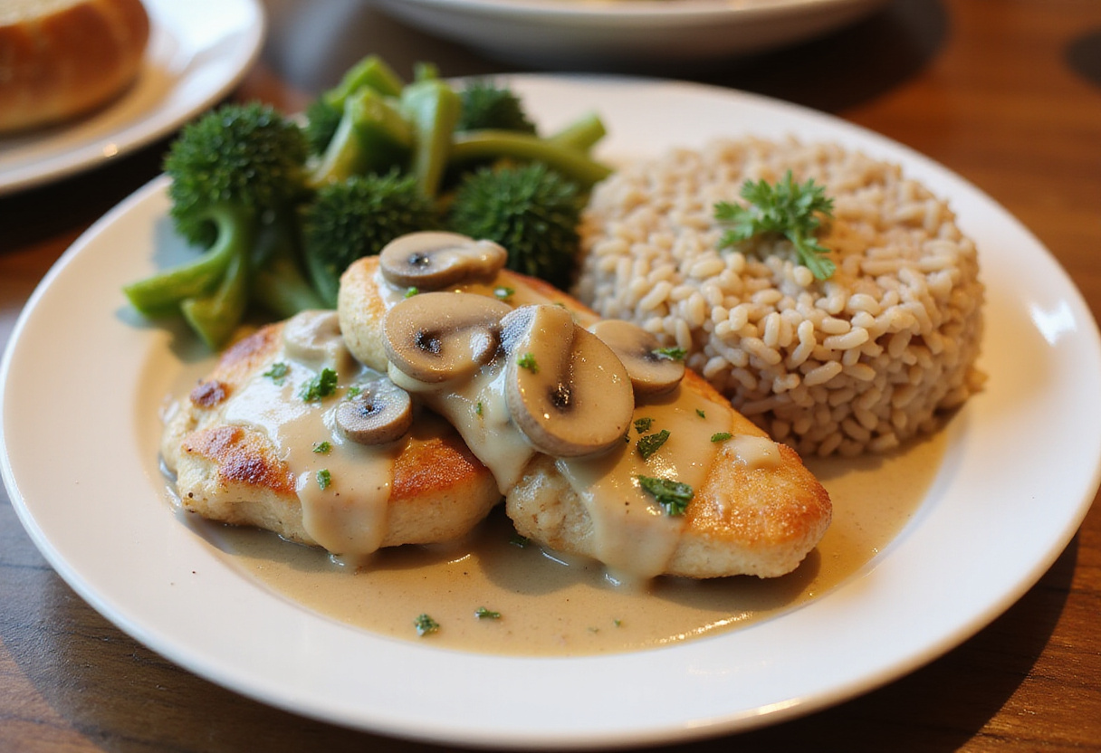 Plat de poitrine de poulet aux champignons en sauce délicatement garni, prêt à être savouré.