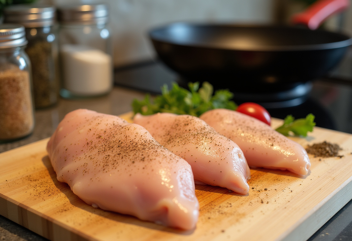 Poitrine de poulet assaisonnée sur une planche à découper pour la recette de poulet en sauce aux champignons.