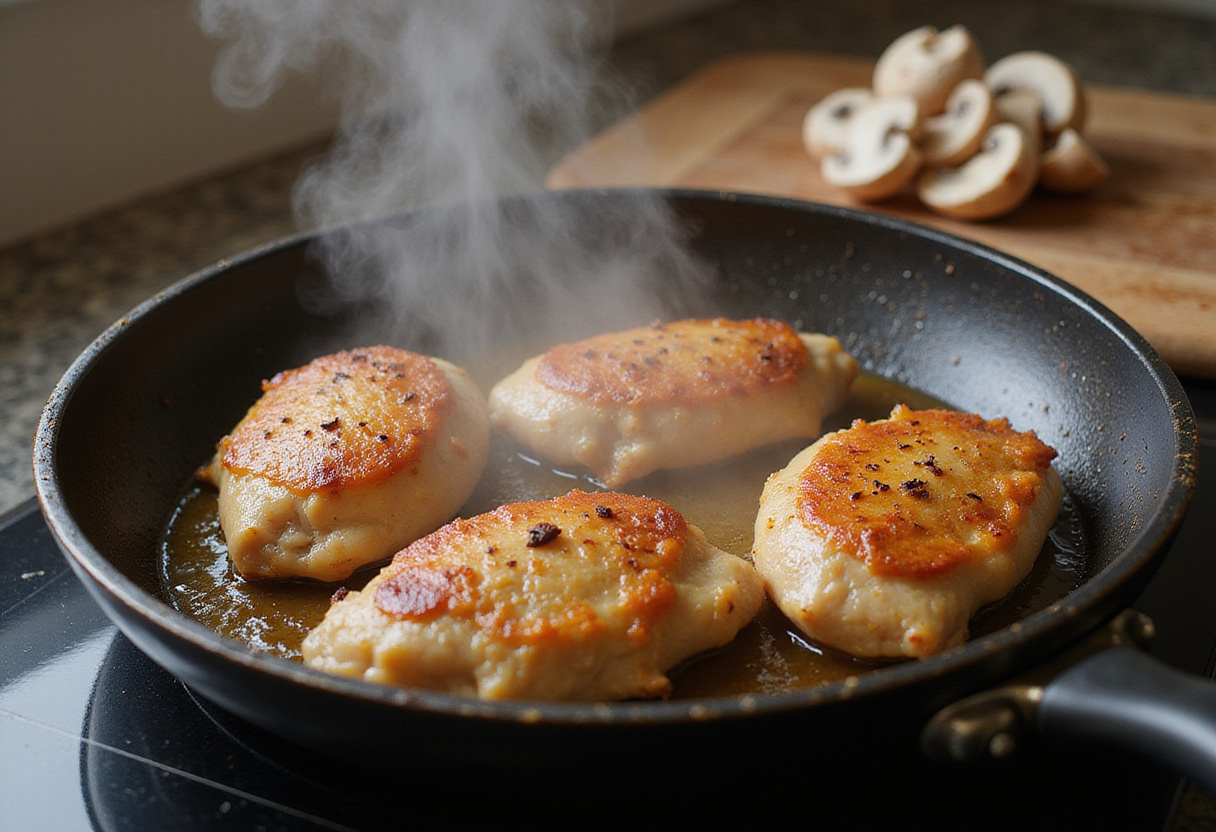 Poitrine de poulet en cours de cuisson dans une poêle pour préparer un plat de poulet sauce champignon.