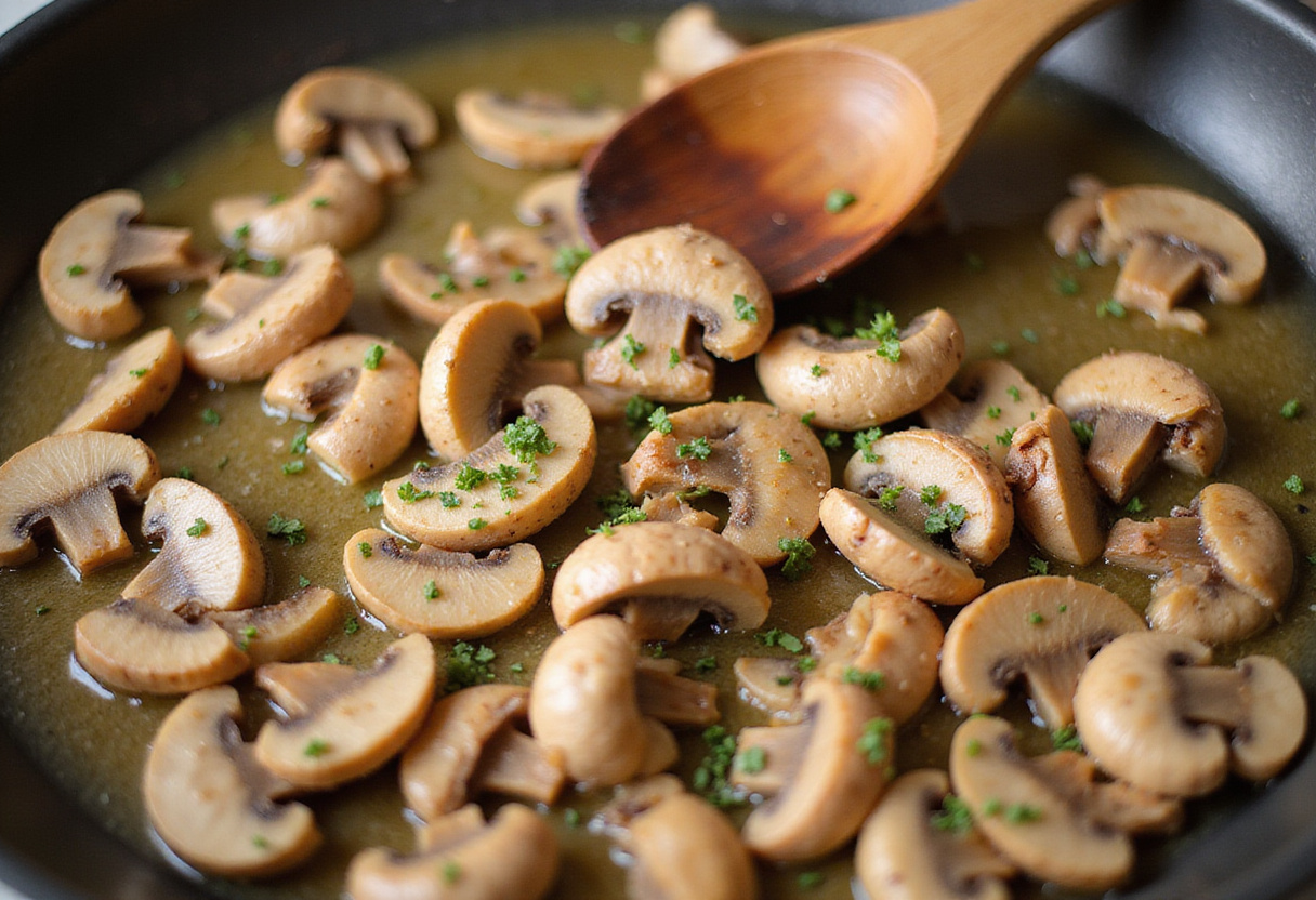 Champignons tranchés en train de sauter dans du beurre pour la sauce aux champignons pour poulet.