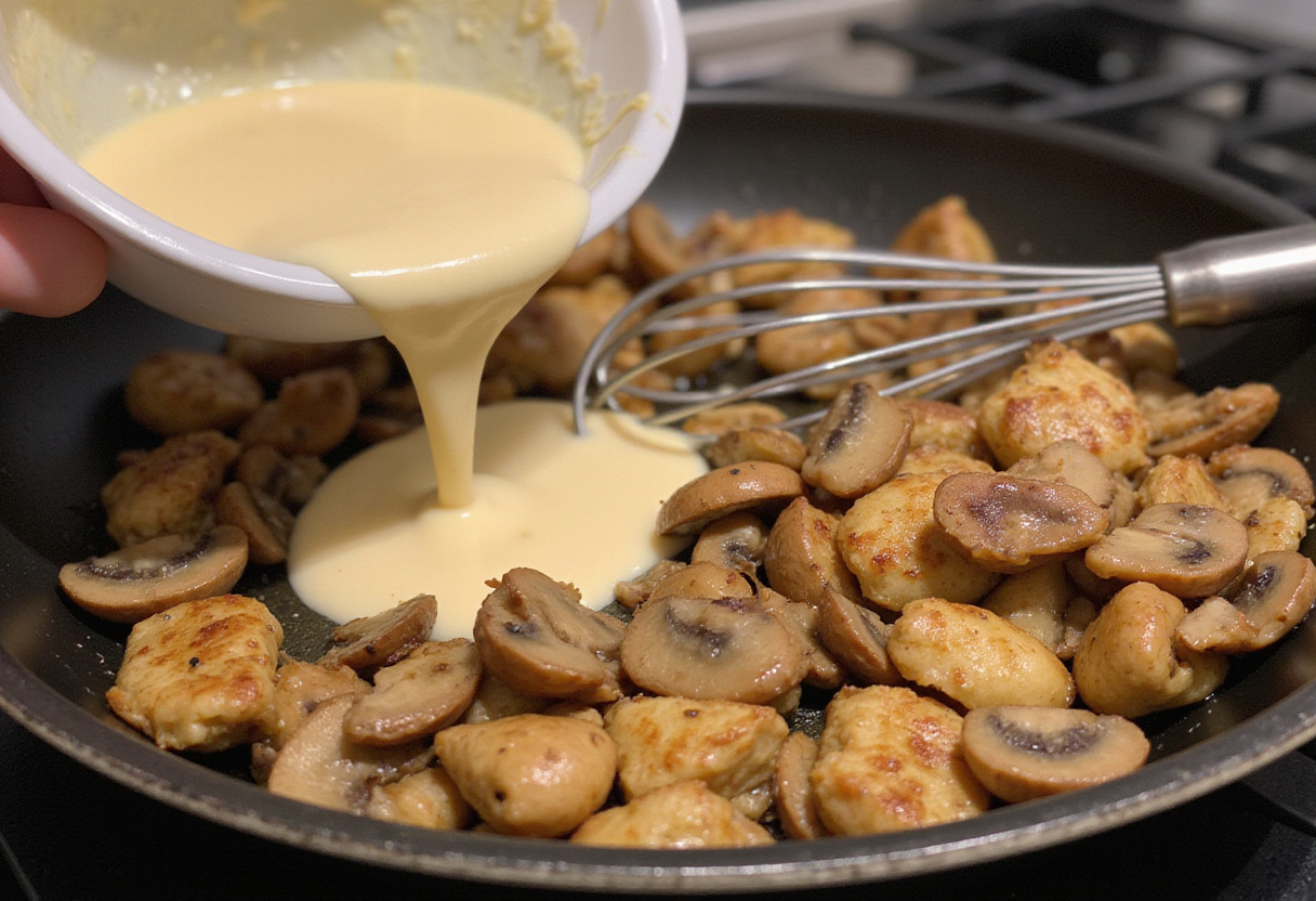 Mélange de poulet et champignons dans une poêle avec la sauce crémeuse ajoutée pour le plat de poulet.