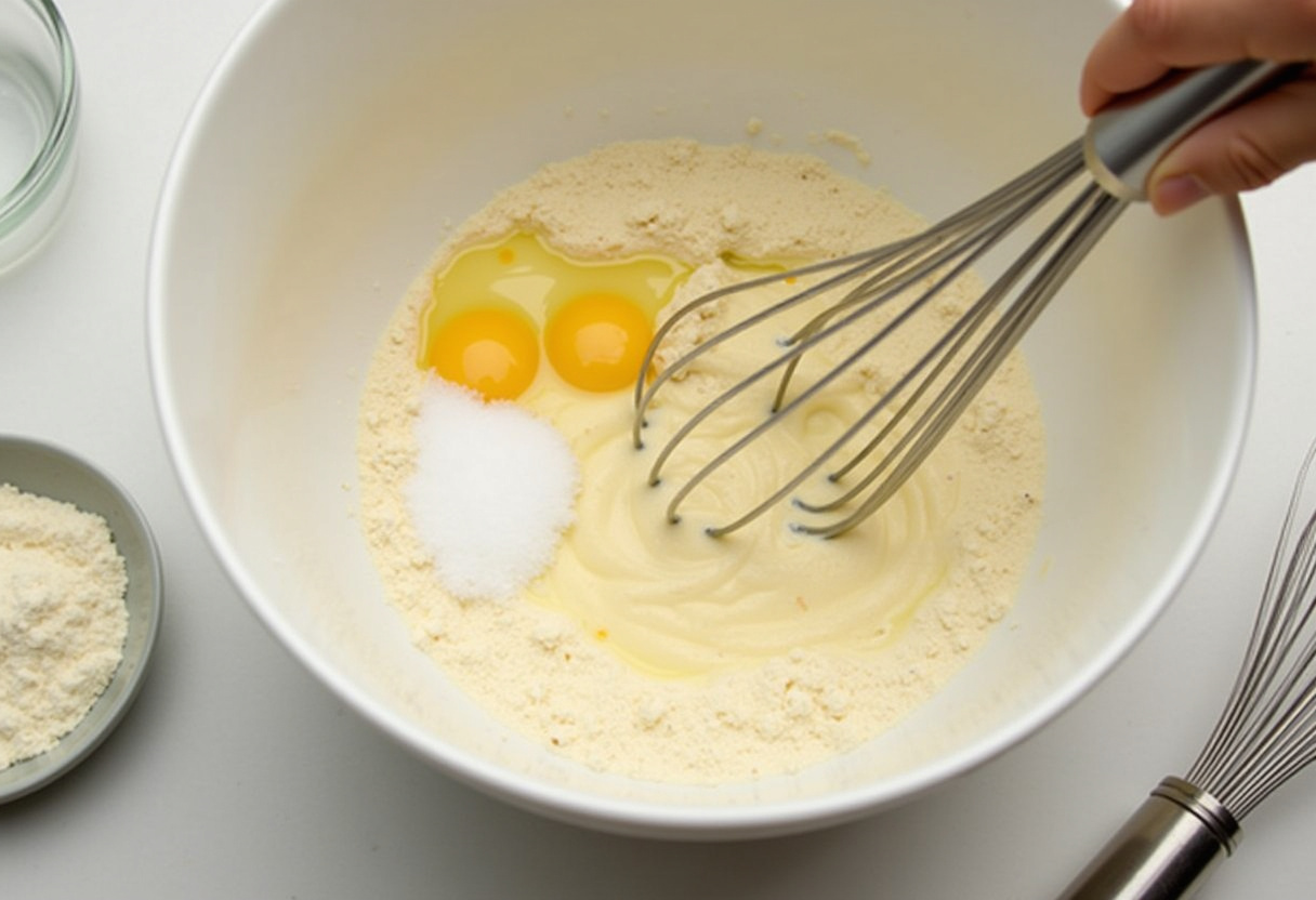 Préparation de la pâte pour la recette popovers avec de la farine, des œufs et du lait pour les popovers au jalapeño et cheddar.