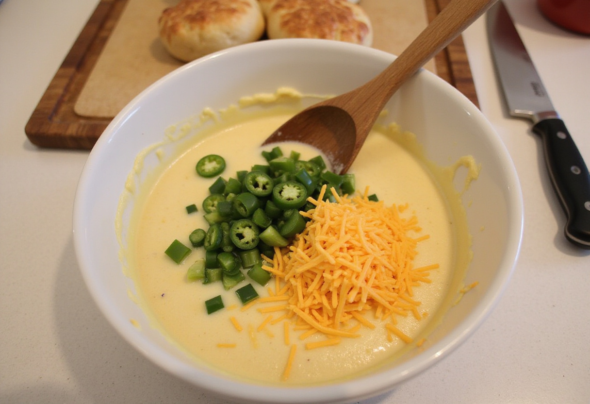 Jalapeños et fromage cheddar incorporés à la pâte pour la recette popover jalapeño.