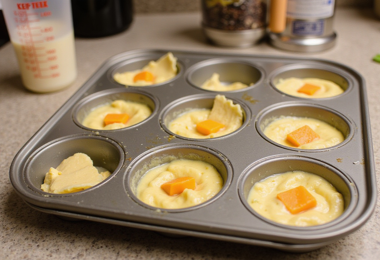 Moule à muffin rempli de pâte pour cuire les popovers cheddar et jalapeño.