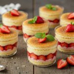 Dessert à la fraise prêt à servir, Pots de Gâteau à la Fraise sur une table rustique.