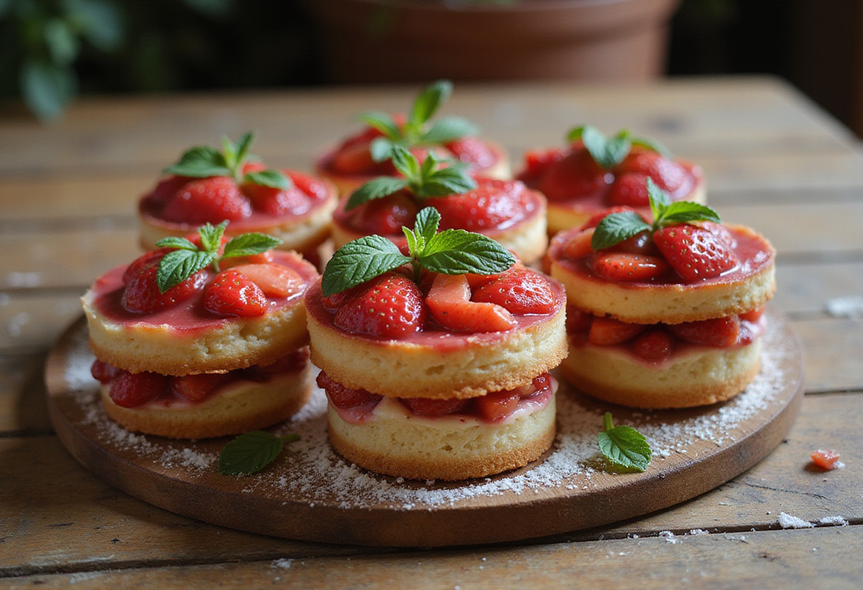 Dessert à la fraise prêt à servir, Pots de Gâteau à la Fraise sur une table rustique.
