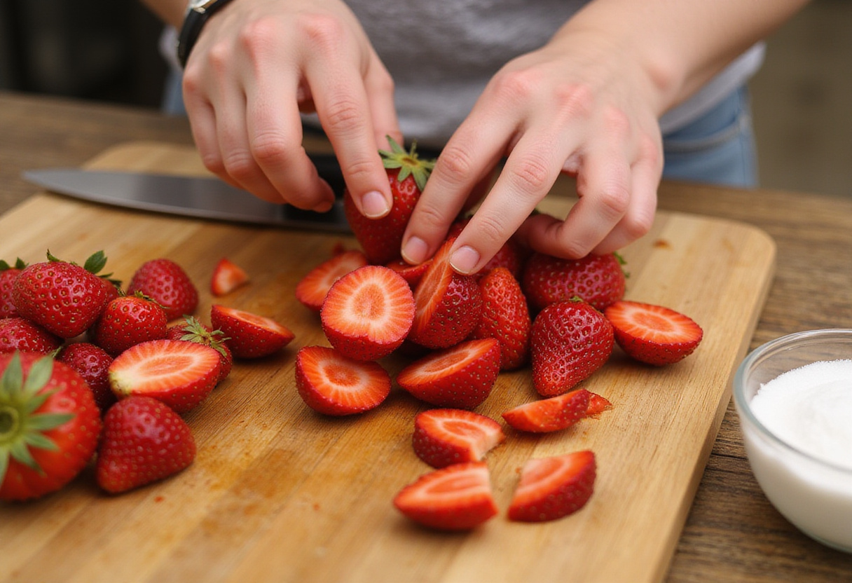Fraises fraîchement coupées pour la recette de pots de gâteau à la fraise.