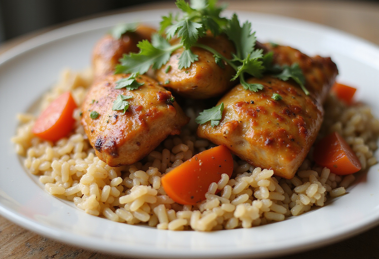 Un plat de poulet à la catalane servi avec du riz, une excellente représentation de la cuisine méditerranéenne.