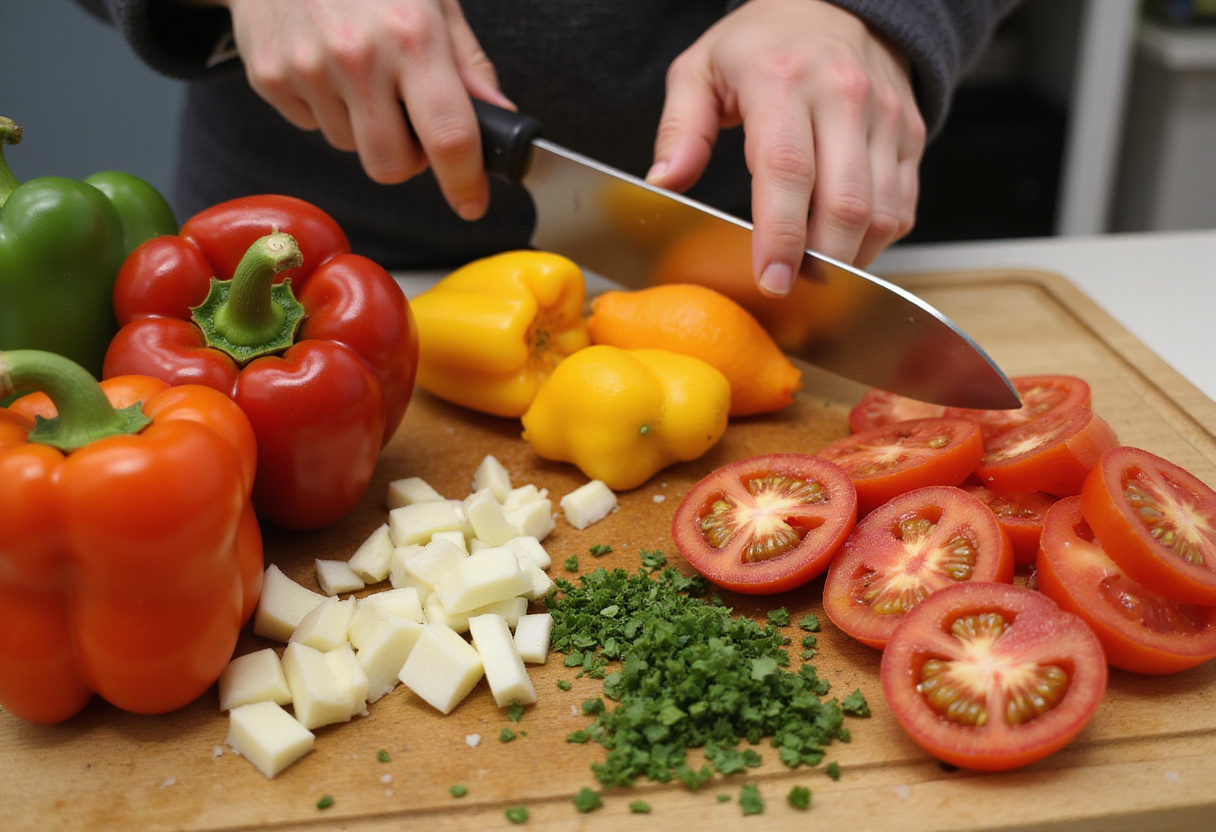 Légumes coupés pour la recette du poulet à la catalane, y compris les poivrons et les tomates.