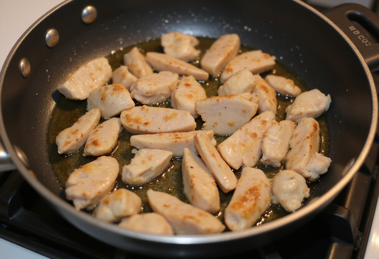 Cuisson du poulet coupé en dés dans une poêle pour le poulet à la catalane, grésillant dans l'huile d'olive.