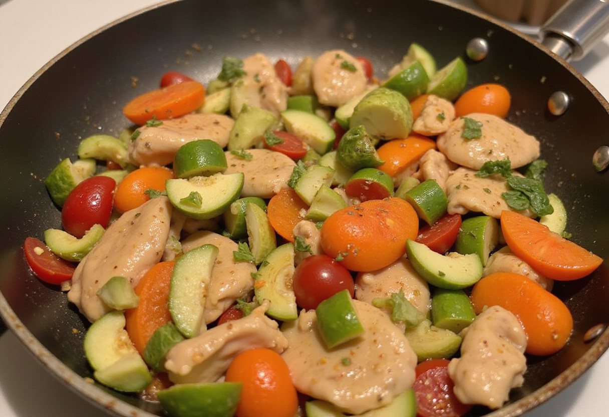 Ajout de légumes sautés au poulet dans une poêle pour un mélange de poulet à la catalane harmonieux.