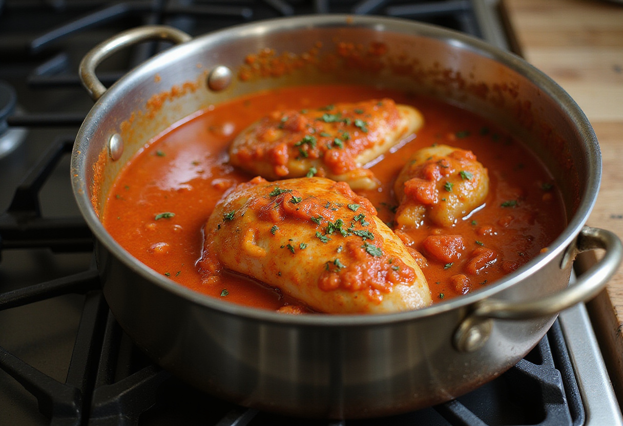 Mijotage de la sauce tomate pour le poulet à la catalane en préparation dans une casserole.