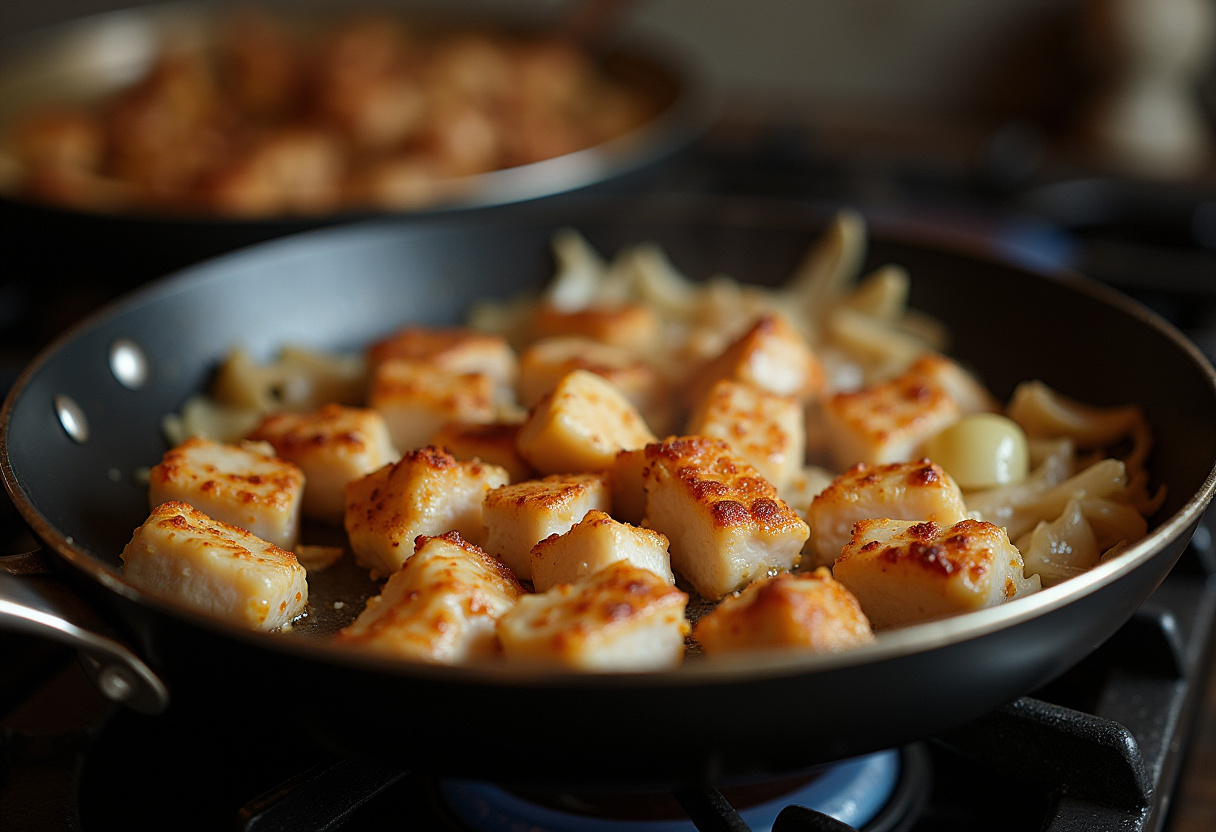 Diced chicken pieces being sautéed for recette poulet à la pepitoria.