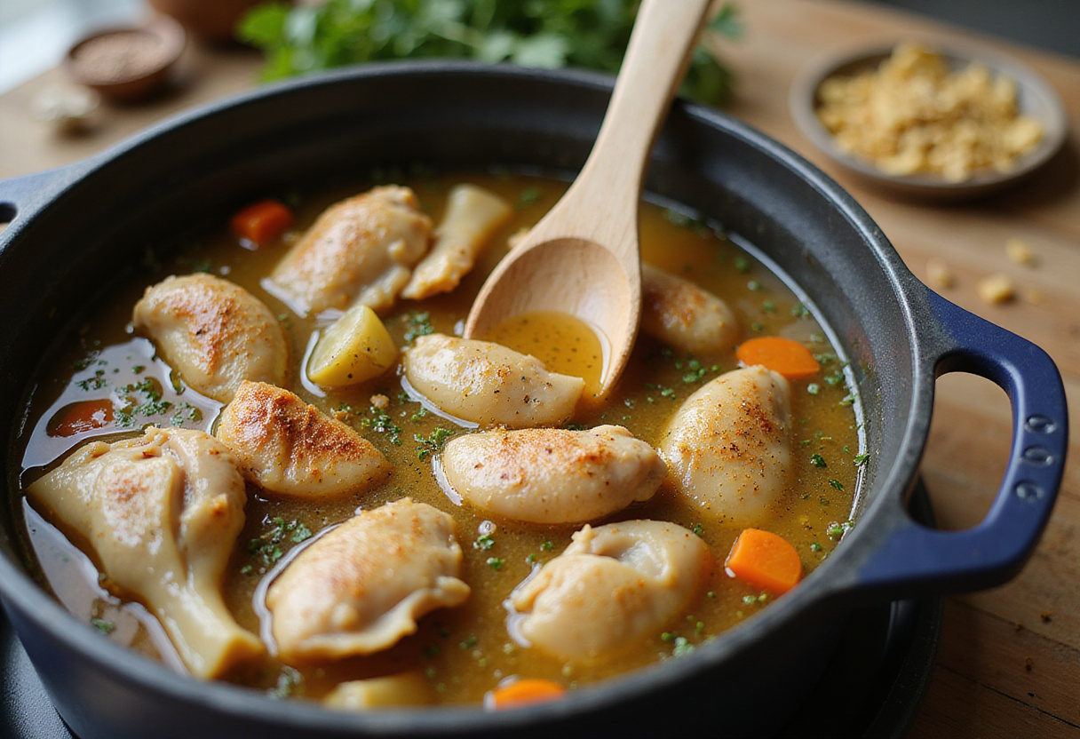 Preparing the sauce for poulet à la pepitoria with broth and spices.