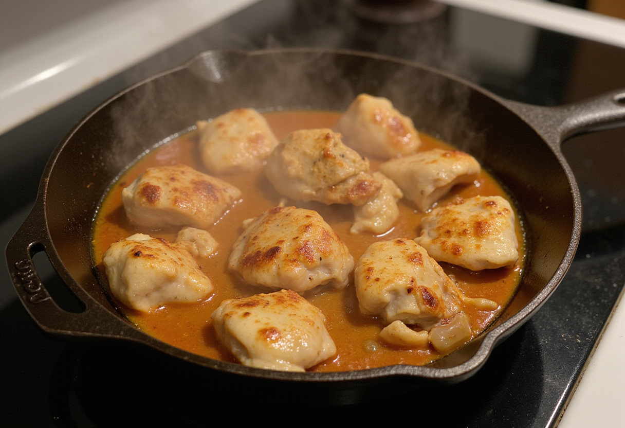 Combining chicken with sauce in a skillet for traditional recette poulet à la pepitoria.