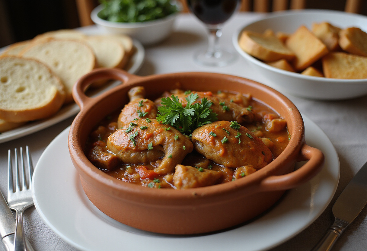 Casserole dish of poulet à la pepitoria served with bread, ready for the table.