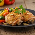 Finished poulet à l'ail croustillant served with vegetables, a delightful recipe for chicken lovers.