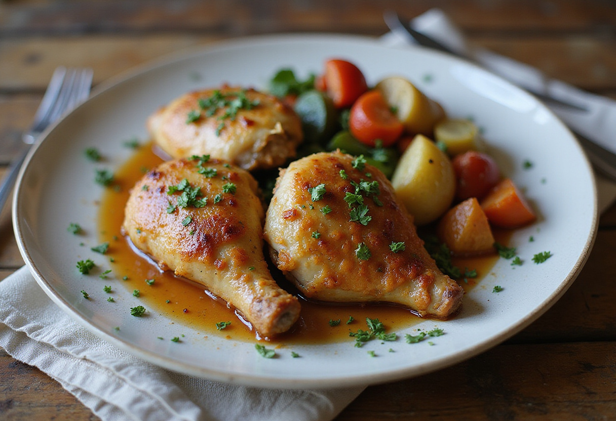 Finished poulet à l'ail croustillant served with vegetables, a delightful recipe for chicken lovers.