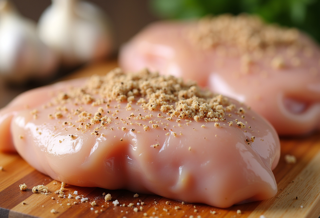 Sliced boneless chicken thighs seasoned for poulet à l'ail croustillant recipe.