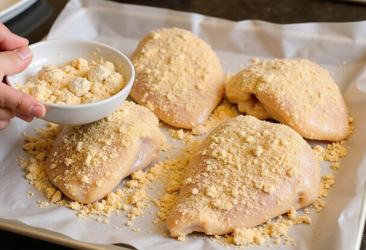 Coating chicken thighs with breadcrumbs for poulet à l'ail croustillant preparation.