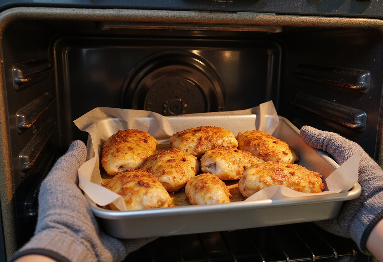 Coated chicken thighs being placed in the oven for the poulet à l'ail croustillant recipe.