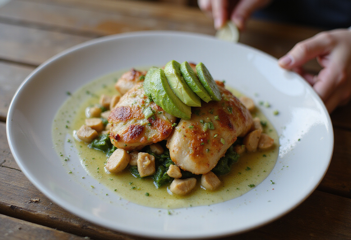 Plat de poulet à l'avocat californien grillé présenté, parfait pour une recette de poulet facile.