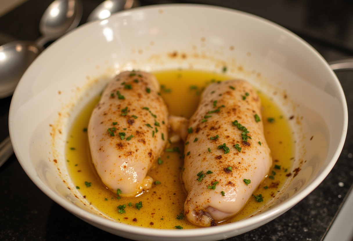 Poitrines de poulet marinées prêtes pour la recette de poulet facile à l'avocat californien.