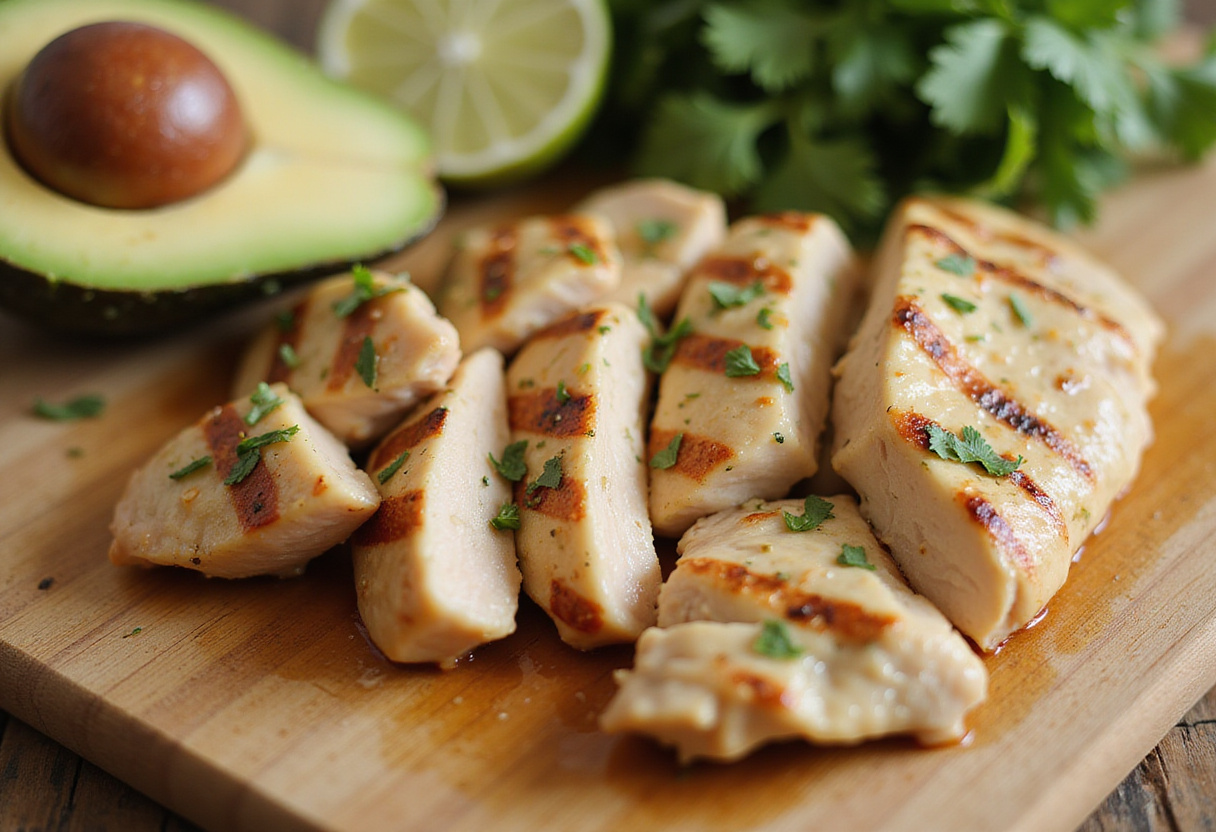 Tranches de poulet grillé prêtes pour être servies avec de l'avocat dans la recette de poulet facile à l'avocat californien.