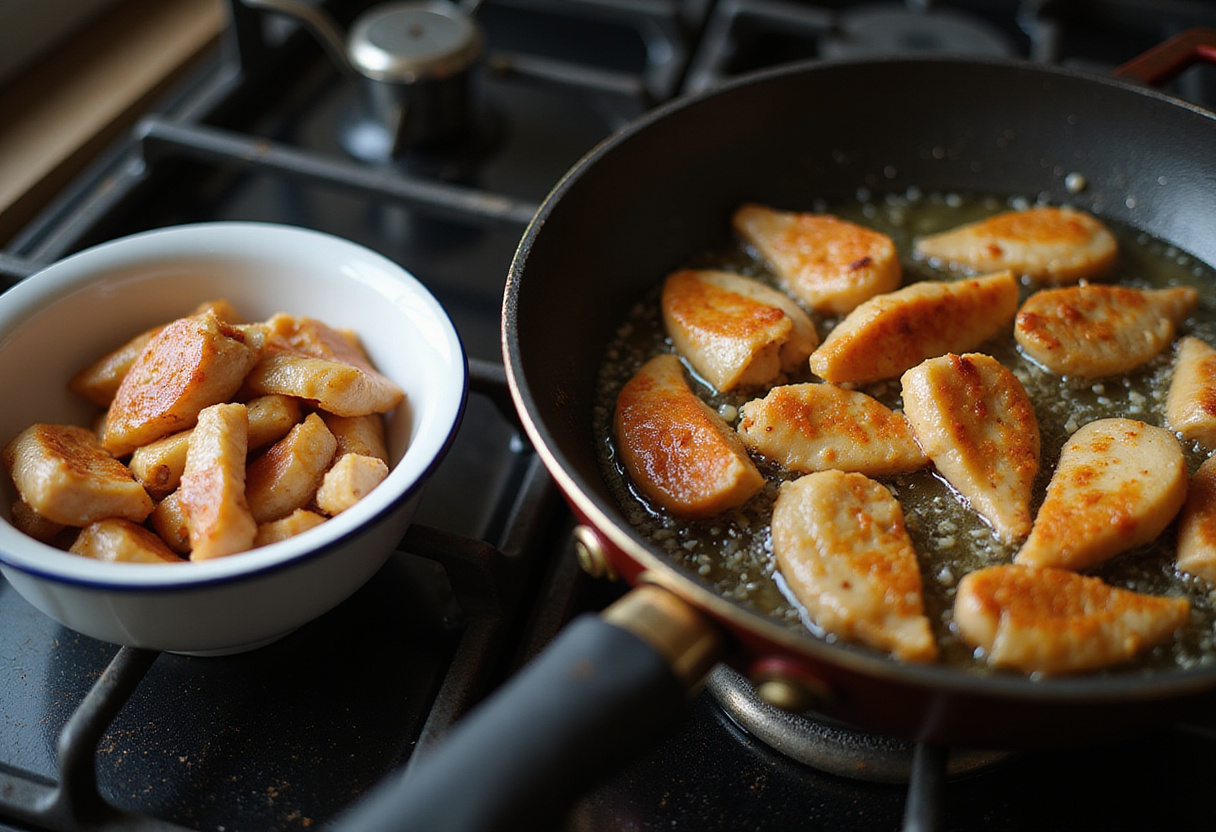 Heating oil in a frying pan for poulet au citron, une étape clé de la recette chinoise.
