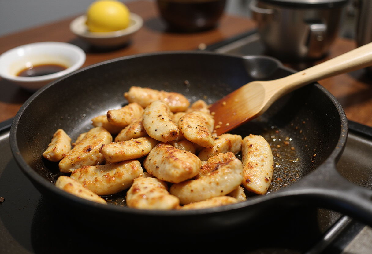 Chicken strips sautéed in a pan for poulet au citron, mélangeant les saveurs de la cuisine asiatique.