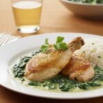 Delicious poulet aux épinards et à la crème served elegantly with rice, perfect for any dinner table.