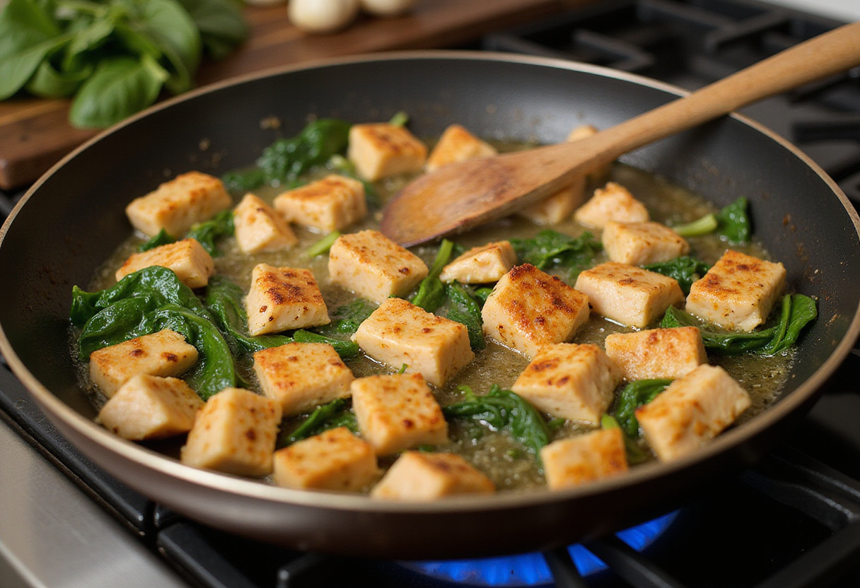 Diced chicken breast sautéing in a skillet for poulet aux épinards recipe.