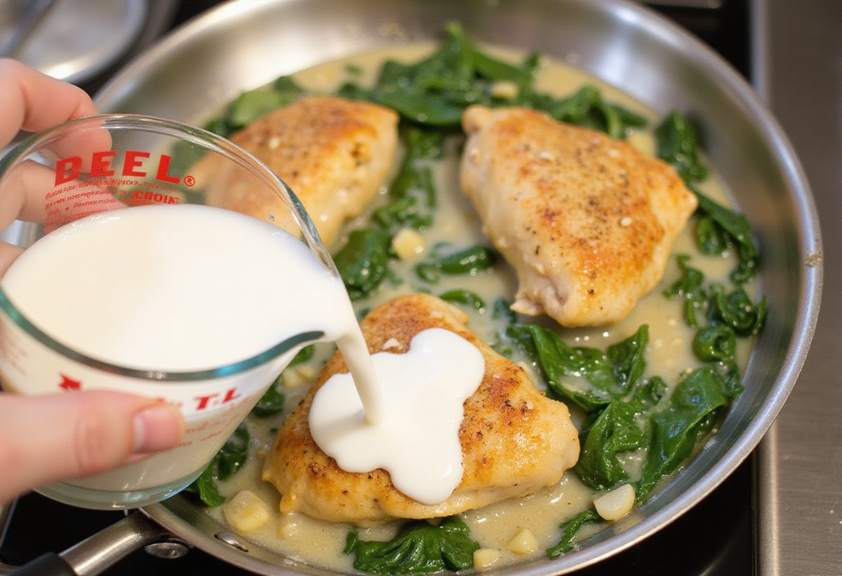 Heavy cream being added to the chicken and spinach mixture for the poulet à la crème preparation.