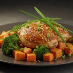 Finished poulet aux légumes with colorful veggies and sesame seeds, perfect for dinner.