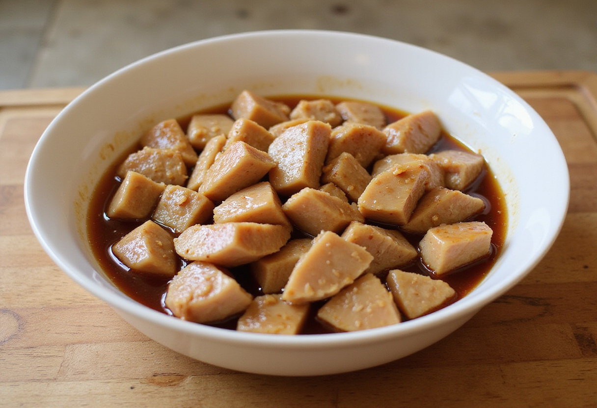 Diced chicken breast marinating with soy sauce and spices for recette poulet soja.