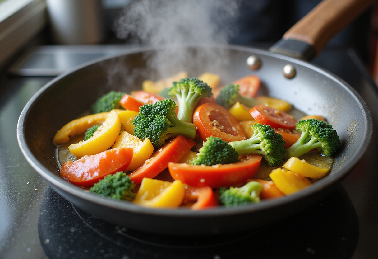 Sautéing colorful vegetables for poulet aux légumes in a skillet with soy sauce.