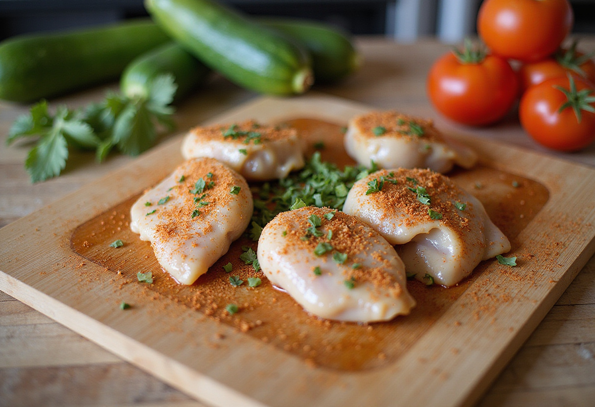 Recette poulet méditerranéen avec morceaux de poulet assaisonnés sur une planche à découper, prêt à cuire.