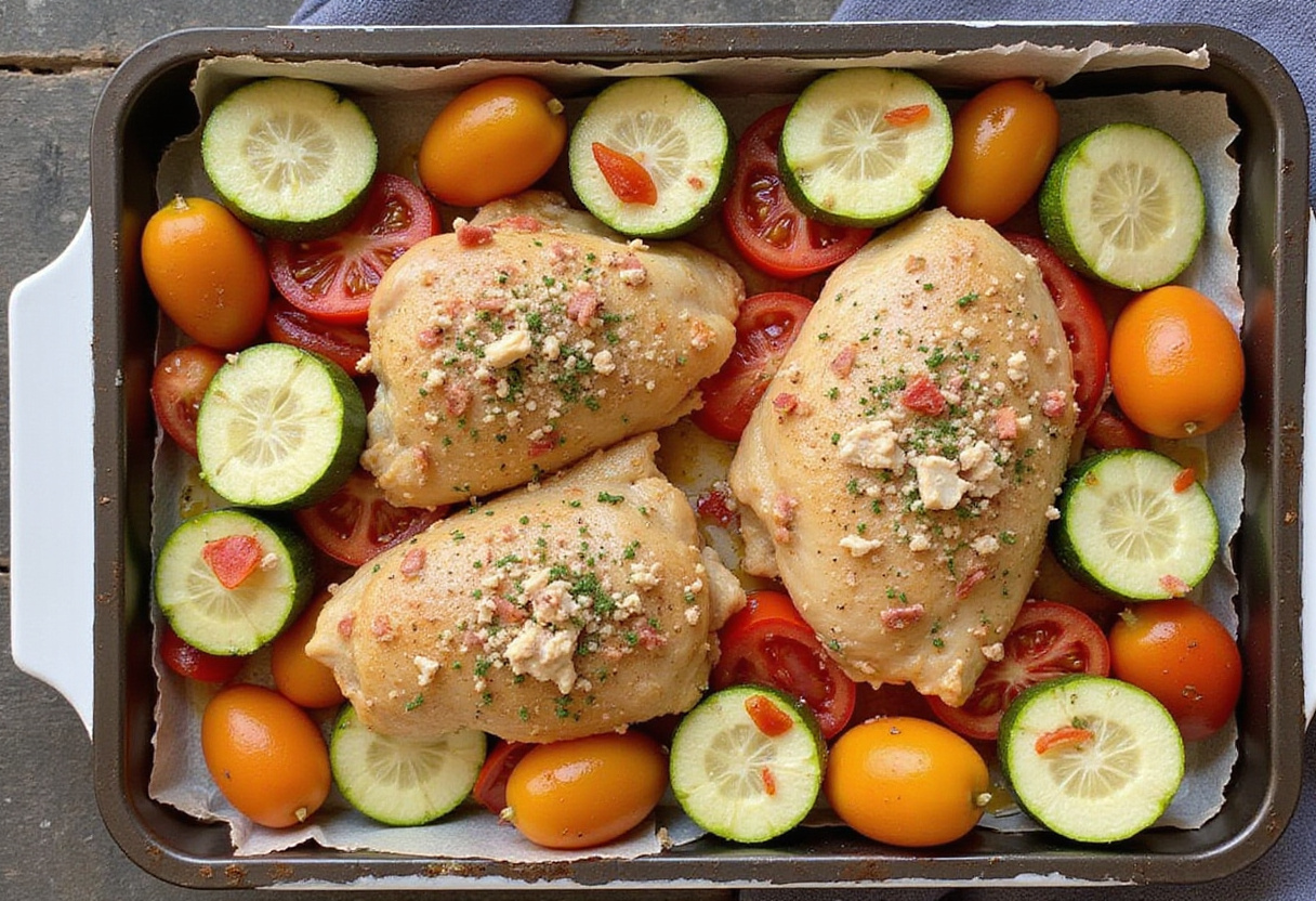 Arrangement de courgettes et tomates dans un plat pour la recette poulet méditerranéen au four.