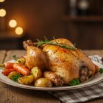 Plat de poulet rôti à la valencienne avec légumes rôtis, idéal pour un repas festif.