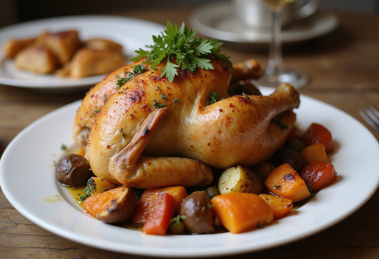 Plat de poulet rôti à la valencienne avec légumes rôtis, idéal pour un repas festif.