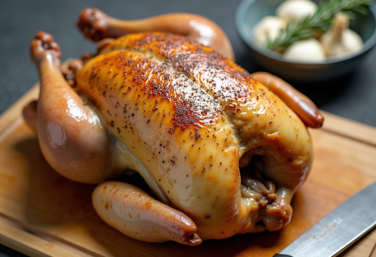 Préparation du poulet rôti à la valencienne avec des herbes et de l'ail dans la cuisine.