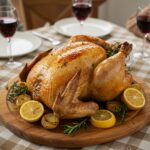 Finished poulet rôti au citron et au miel served beautifully on a platter for a family meal.
