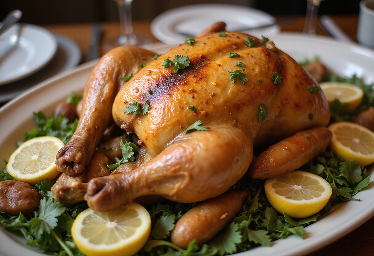 Un délicieux poulet rôti au citron et au miel magnifiquement servi sur un plat pour un repas familial.