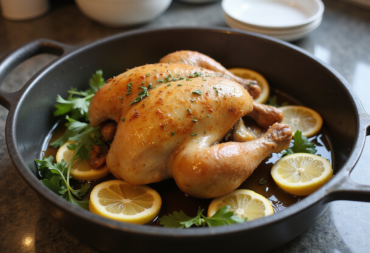 Poulet entier en préparation avec du citron et des herbes pour la recette du poulet rôti au citron et au miel.
